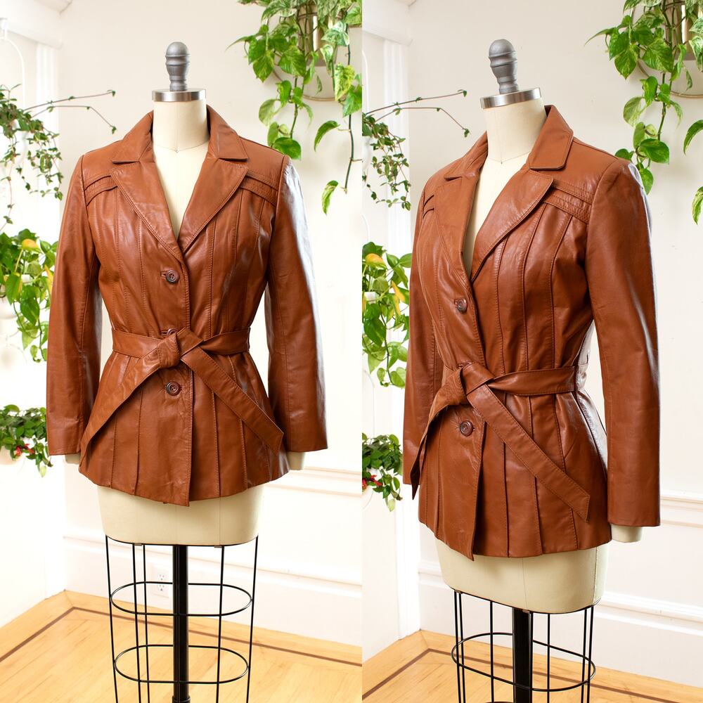 Vintage 1970s Leather Jacket 70s Caramel Brown Belted Tie Waist Retro Boho Coat